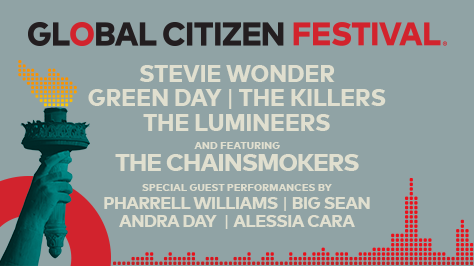 GLOBAL CITIZENS FESTIVAL. STEVIE WONDER | GREEN DAY | THE KILLERS | THE LUMINEERS AND FEATURING THE CHAINSMOKERS SPECIAL GUEST PERFORMANCES BY PHARRELL WILLIAMS | BIG SEAN | ANDRA DAY | ALESSIA CARA